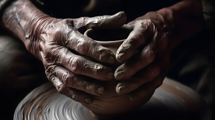 Closeup hand of senior man craftsman working on pottery wheel while sculpting from clay pot background workshop. Generation AI - obrazy, fototapety, plakaty