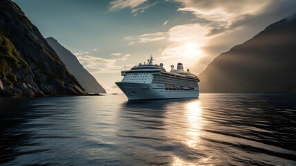 Cruise ship in Norwegian fjords sunset light