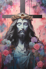 Jesus on crucifix wearing crown of thorns, flowers pastel colors and background