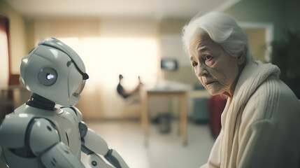Elderly care robot in intelligent hospital. Concept AI artificial intelligence, services and health with future droid nursing Bot. Generation AI - obrazy, fototapety, plakaty