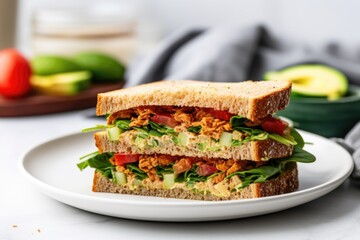 a vegan sandwich with lettuce, tomatoes, and cucumber on a white plate