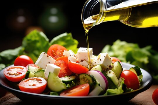 a close-up of a bottle pouring olive oil on a greek salad