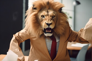 Concept furious lion businessman shouts and growls at meeting at his subordinates, throws paper. Expired contracts, boss beast in meet room