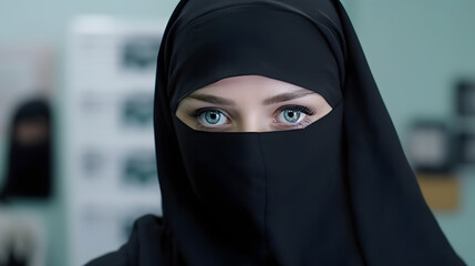 Naklejka premium Portrait young beautiful Muslim woman in black hijab looking to frame. Smiling eyes, standing indoors office
