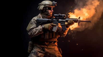 Fototapeta premium Military soldier dressed in uniform with rifle against flame fire, black background. Generation AI.