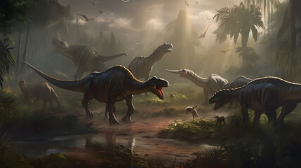 Fototapeta premium Set run jurassic dinosaurs in park forest. Generation AI