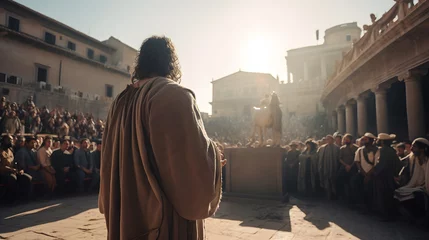  Rear view Jesus preaches to people on streets of Rome. Concept of spread of Christianity © Adin