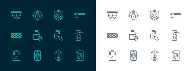 Set line Parking car barrier, Mobile with fingerprint scanner, Lock, Fingerprint, Shield security lock, check mark, Security camera and icon. Vector