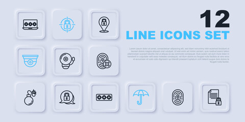 Set line Fingerprint, Document and lock, Ringing alarm bell, Umbrella, Security camera, Lock, and Password protection icon. Vector