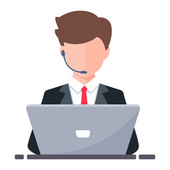 Businessman call center working with laptop wear headset on white background. Help, Consult, Support, and Contact customer service. Vector illustration cartoon flat design.