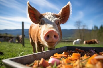 close-up of a pig eating from a full trough