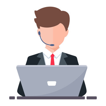 Businessman call center working with laptop wear headset on white background. Help, Consult, Support, and Contact customer service. Vector illustration cartoon flat design.