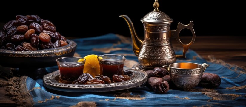 Black coffee and dates served in a traditional Bedouin tent with a vintage Arabian coffee pot and small cups is a popular Middle Eastern beverage