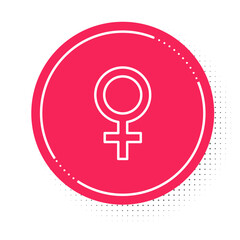 White line Female gender symbol icon isolated on white background. Venus symbol. The symbol for a female organism or woman. Red circle button. Vector