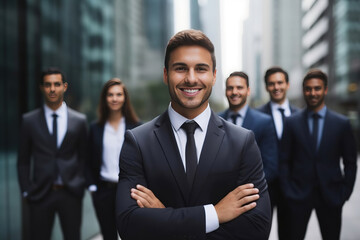Young smiling businessman standing in front of team, smiling at camera. - obrazy, fototapety, plakaty
