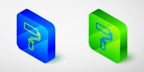 Isometric line Paint roller brush icon isolated on grey background. Blue and green square button. Vector
