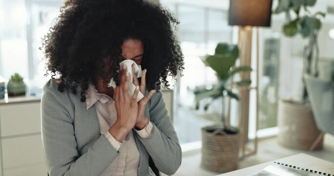 Sick business woman, sneeze and blowing nose for allergies, cold and virus in office. Employee, tissue and infection of influenza, allergy and risk of bacteria, sinusitis and hayfever for ill health