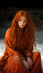 portrait of a woman in winter with long ginger hair. 