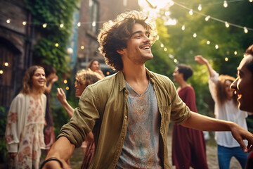 Young man dancing at outdoor party surrounded by friends