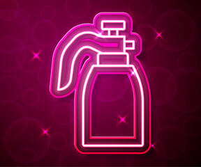 Glowing neon line Garden sprayer for water, fertilizer, chemicals icon isolated on red background. Vector