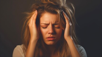 Coping with Cephalalgia: Young Woman with Headache Expresses Pain, Sadness, and Unhappiness