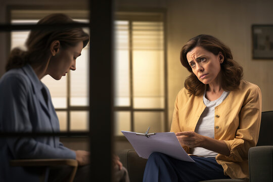 Worried Woman Patient Sitting At A Psychologist's Therapist Appointment And Telling About Mental Problems, Attentive Mature Female Doctor Is Listening And Making Notes.