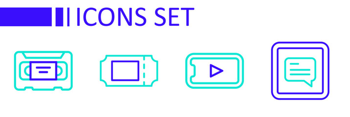 Set line Video with subtitles, Online play video, Cinema ticket and VHS cassette tape icon. Vector
