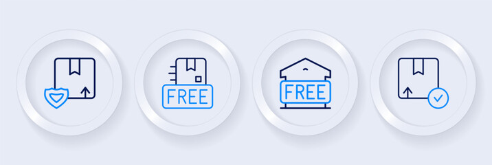 Set line Carton cardboard box, Free storage, Cardboard with free symbol and Delivery security shield icon. Vector