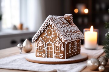 Obraz na płótnie Canvas a freshly baked gingerbread house on kitchen counter