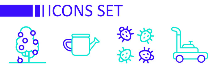 Set line Lawn mower, Colorado beetle, Watering can and Fruit tree icon. Vector