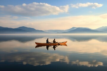 a tandem kayak on a calm lake
