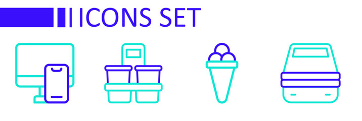 Set line Lunch box, Ice cream in waffle, Coffee cup to go and Online ordering food icon. Vector