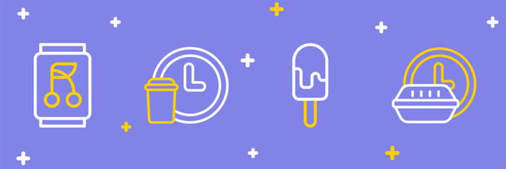 Set line Round the clock delivery, Ice cream, and Soda can icon. Vector
