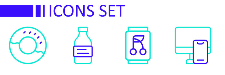 Set line Online ordering food, Soda can, Bottle of water and Donut icon. Vector