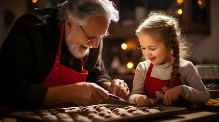 grandparent and grandchild baking and decorating christmas cookies - obrazy, fototapety, plakaty