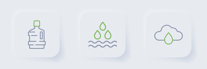 Set line Cloud with rain, Water drop and Big bottle clean water icon. Vector