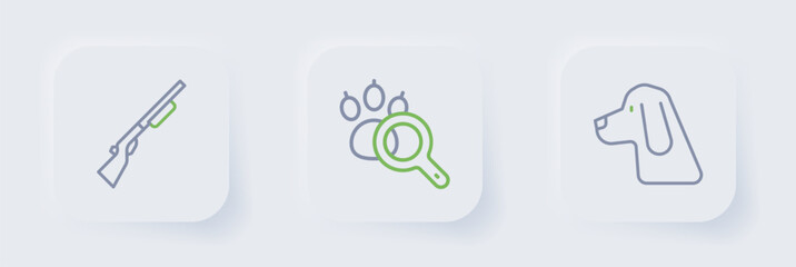 Set line Hunting dog, Paw search and gun icon. Vector