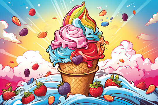 Naklejki Ice Cream Fantasy, Digital ice cream cone with colorful candy splashes in the background. Cartoon illustration of an ice cream surrounded by sweets and candies. colorful ice cream Cone for advertising