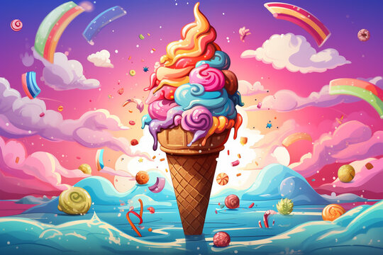 Naklejki Ice Cream Fantasy, Digital ice cream cone with colorful candy splashes in the background. Cartoon illustration of an ice cream surrounded by sweets and candies. colorful ice cream Cone for advertising