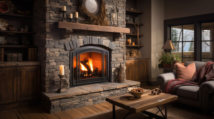 A cozy fire in a chic fireplace in a living room - Powered by Adobe