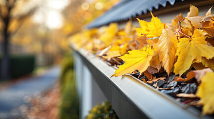 Rain gutter of a house clogged with leaves from a tree in winter