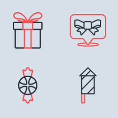 Set line Gift bow, Candy, Firework rocket and box icon. Vector