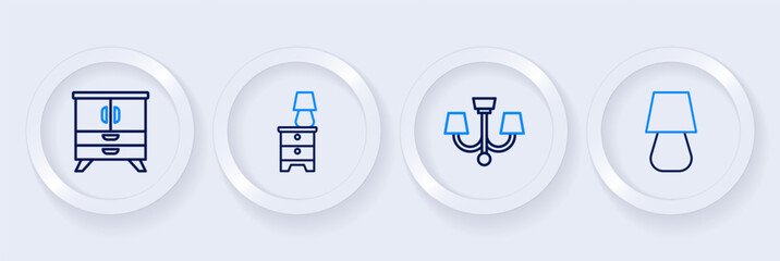 Set line Table lamp, Chandelier, Furniture nightstand with and Chest of drawers icon. Vector