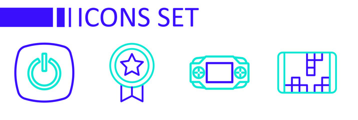 Set line Portable video game console, Game rating with medal and Power button icon. Vector