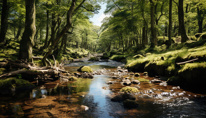 Tranquil scene of a wet forest, flowing water reflects nature generated by AI