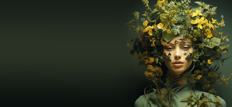 Portrait of a woman, plant growing like hair, green tedril leaves, connect to nature, consciousness and spirit