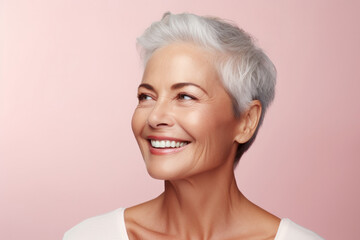 Timeless Beauty: Beautiful Senior Woman with a Radiant Smile, Clean Teeth, and Perfect Skin, Isolated on a Serene Light Pink Background, Ideal for Advertisements.