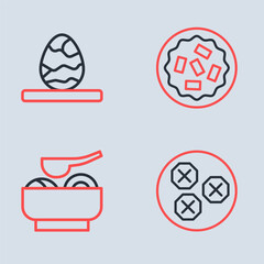 Set line Homemade pie, Ramen soup bowl, Wonton and Chinese tea egg icon. Vector