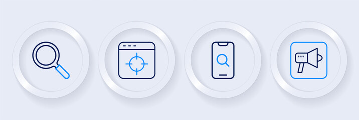 Set line Megaphone, Magnifying glass and mobile, Target financial goal and icon. Vector