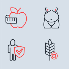 Set line Obesity, Healthy lifestyle, Gluten free grain and Apple and measuring tape icon. Vector